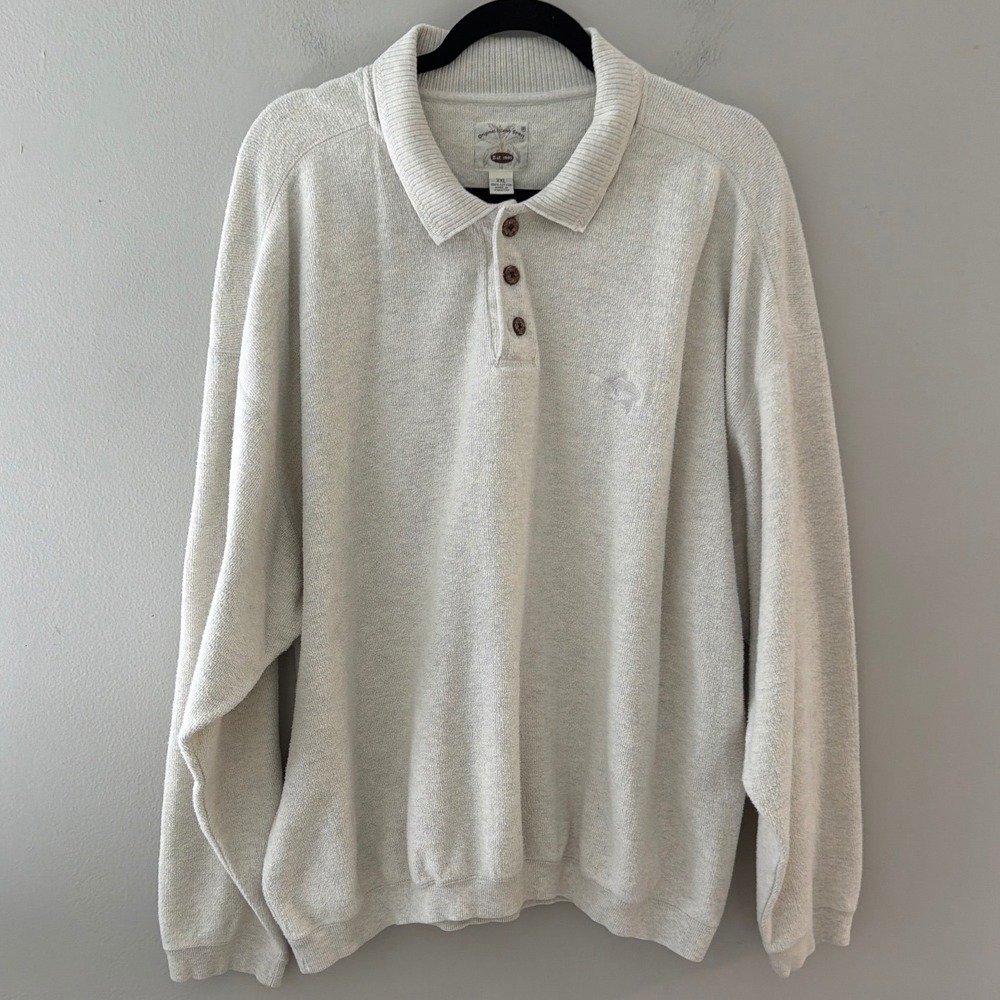 Original Island Sport Men XXL Oatmeal Cotton Long Sleeve Polo Sweater Marlin